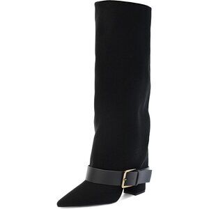 Women's Black Suede Wide Calf Pointed Toe Belt Buckle Knee High Fall Long Boot
